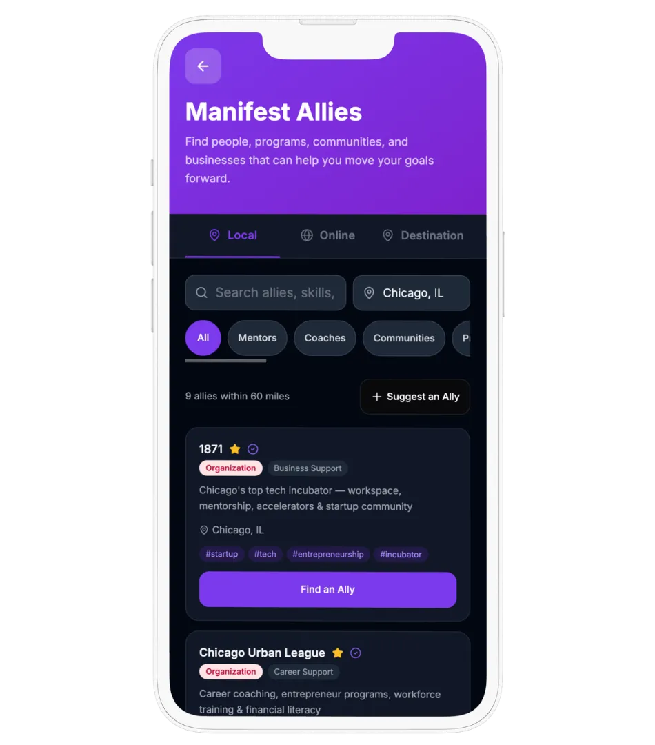 Manifest Allies directory, showing vetted allies filtered by type and location